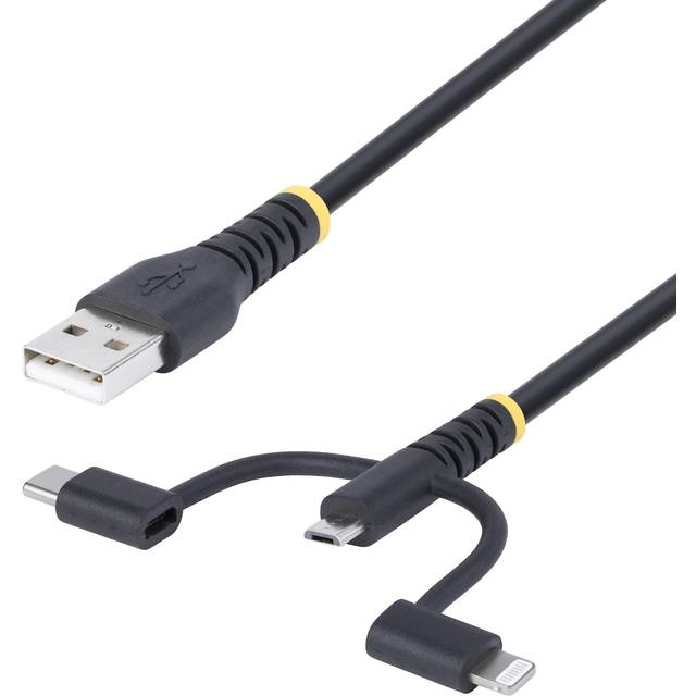 StarTech.com 3.3ft (1m) Rugged USB Multi Charging Cable, USB to Lightning/Micro-USB/Type-C, Apple MFi Certified, Aramid Jacket, Universal 3-in-1 USB Charger Cord for iPhone/iPad/Android