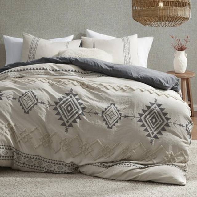Oli Anderson Boho Duvet Cover Set Queen Size Beige and Gray Color Clash 3 Pieces Microfiber Bedding Set Durable and Super Soft Comfoter Cover w