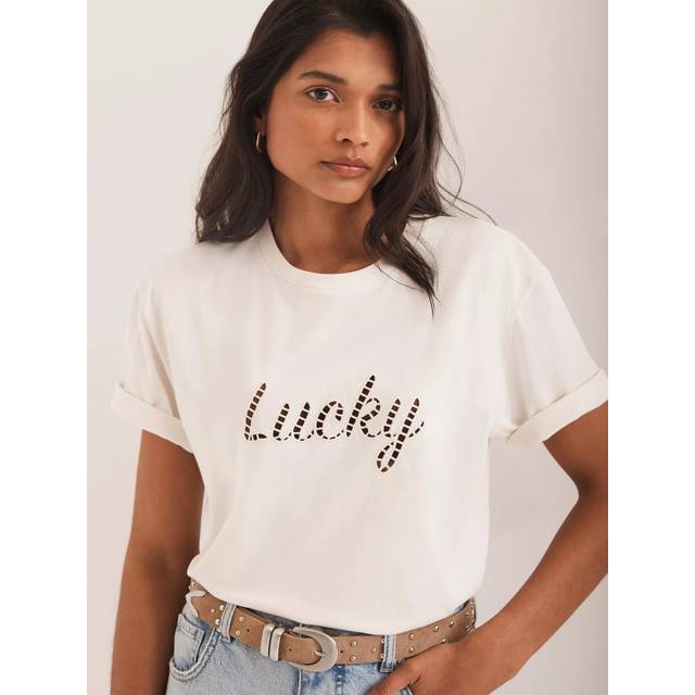 Mint Velvet Cut Out Slogan T-Shirt, Cream/Multi