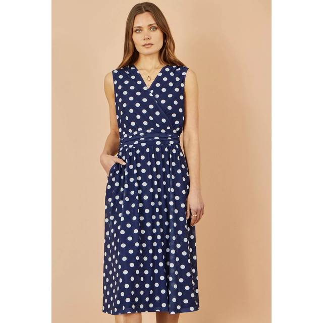 Yumi Women's Plus Size Navy Polka Dot Belted Midi Dress Curves New Look - UK 22