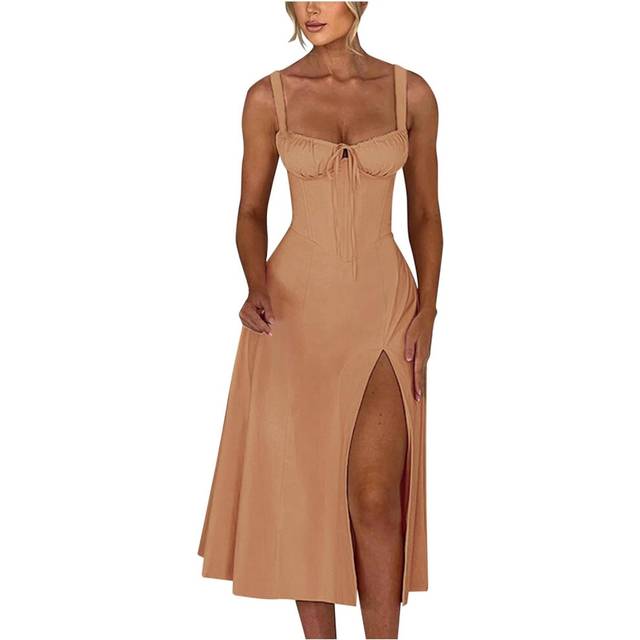 (2586-pajog-3-khaki, XL) WILLBEST Women 2024 Floral Lace Dress Fashion Short Sleeve Twist Fit & Flare Flowy A Line Long Midi Long Midi Sundress