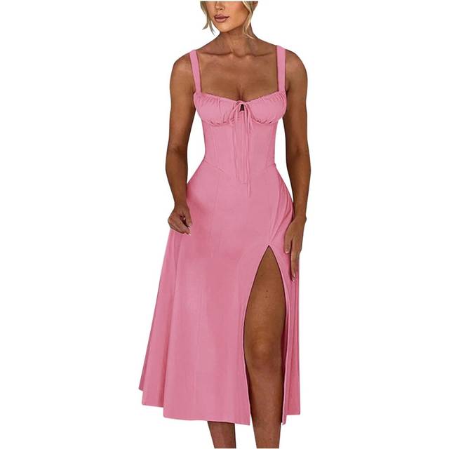 (2588-pajog-3-pink, XL) WILLBEST Women 2024 Floral Lace Dress Fashion Short Sleeve Twist Fit & Flare Flowy A Line Long Midi Long Midi Sundress