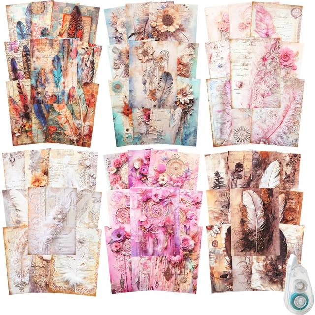 MiyouLuna 180Pcs Feathers Scrapbook Paper  Vintage Ephemera Pack for Journaling and Junk Journal Supplies  Scrapbooking Kit with Glue Tape