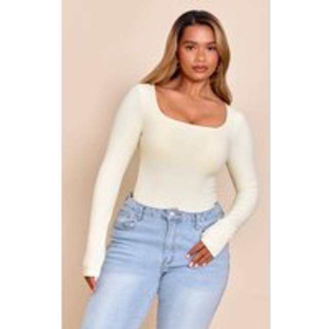 Shape Butter Cream Built In Bra Sculpt Square Neck Long Sleeve Bodysuit, Butter Cream - 14