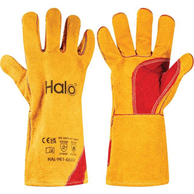 Halo Lined Split Leather Fully Kevlar Sown Welders Gauntlet Gold - black | gold