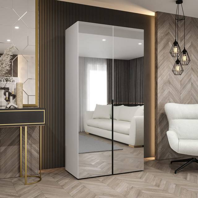 Classic Oak Artisan Hinged Door Wardrobe 100cm - Timeless Storage with Mirrored Style - White (202cm H X 100cm W X 52cm D)