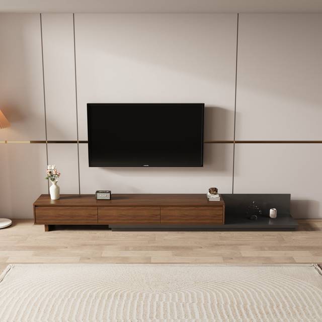 Adjustable TV Stand 200-300cm - Extendable Media Unit with 3 Drawers for Living Roo - Walnut (85&#34;;85&#34;;85&#34;)