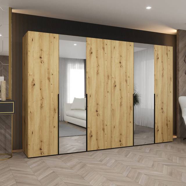 Clean White Hinged Door Wardrobe 300cm - Sleek Storage with Mirrored Doors - Oak Artisan (202cm H X 300cm W X 52cm D)