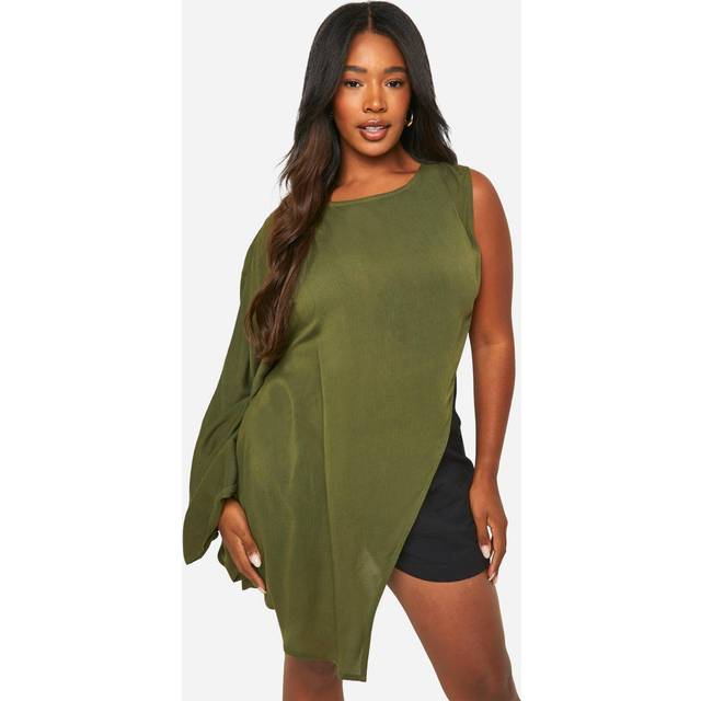 Womens Plus Cheesecloth High Neck Longline Top - Green - 22, Green