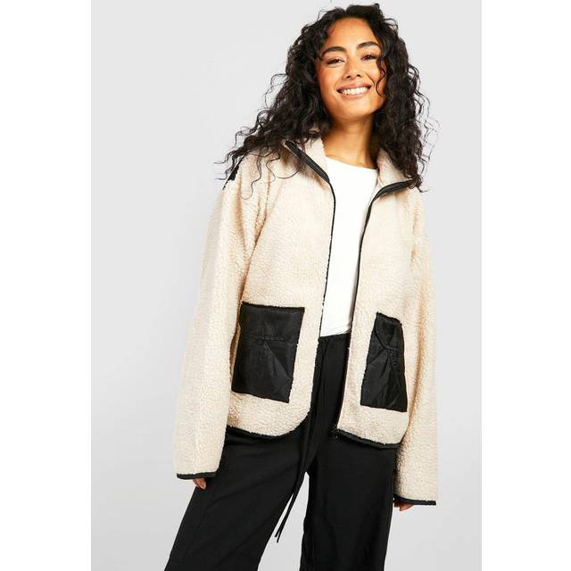 Womens Contrast Nylon Detail Teddy Zip Jacket - White - 8, White