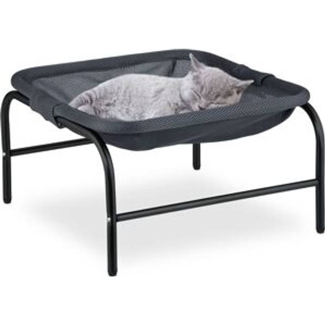 Cat Hammock Bed, Freestanding, Raised Pet Perch, 27 x 45 x 45 cm, Mesh, Dog Lounger with Stand, Grey/Black - Relaxdays