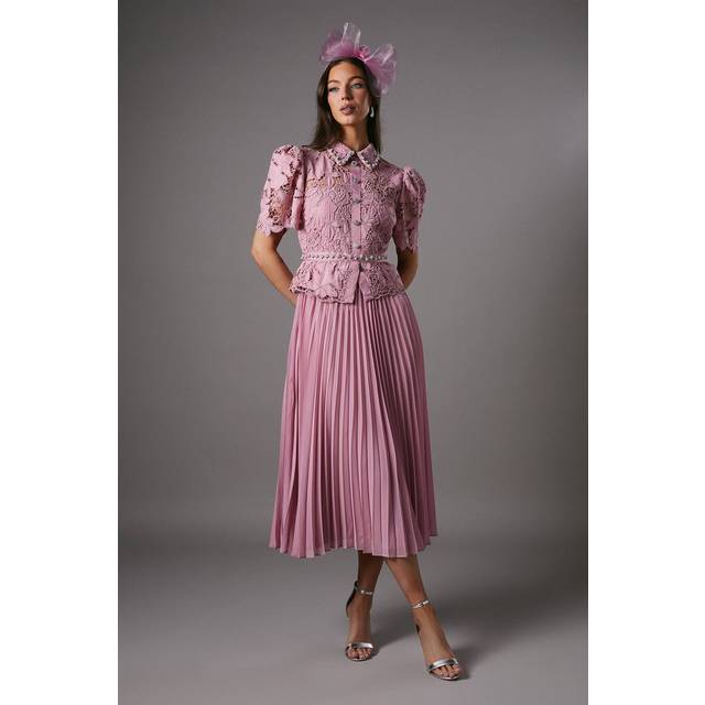 Coast Lace Top Pleat Skirt Jewel Button Dress In Pink - pink - 14