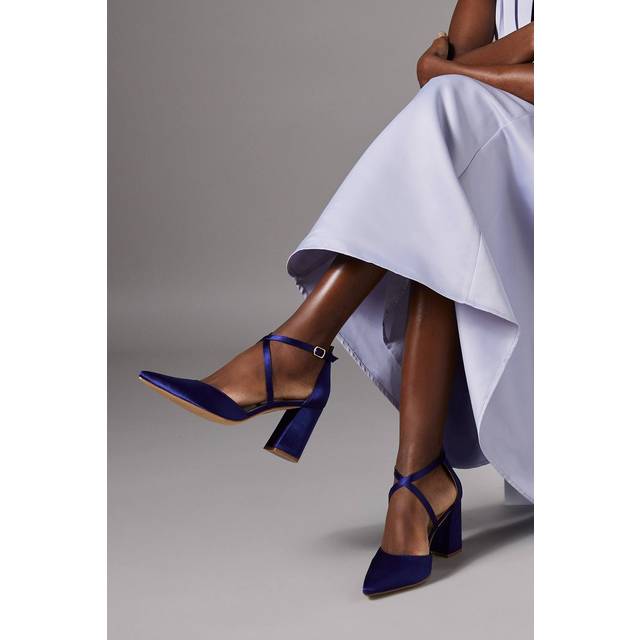 Wide Fit Treat Satin Cross Strap Pointed Block Heel Court Shoes - Navy - 7