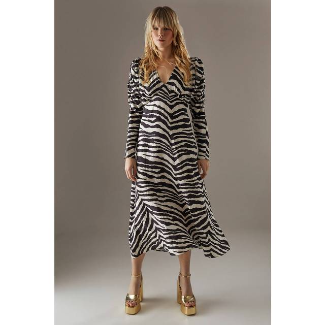 Womens Zebra Viscose V Neck Long Puff Sleeve Midi Dress - 12