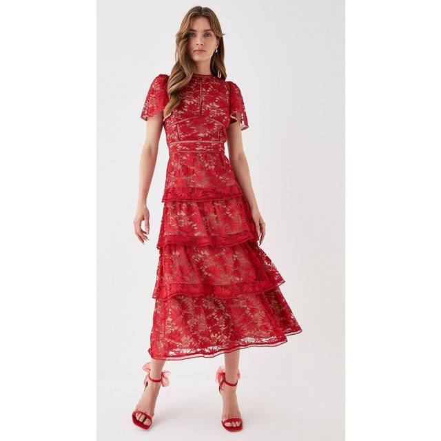 TieLace Dress With Flutter Sleeve & Trims - Red - 8