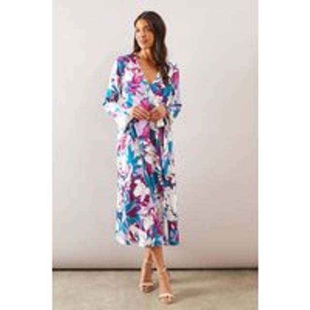 Womens Floral Satin Jacquard Wrap Midi Dress - Lilac - 20