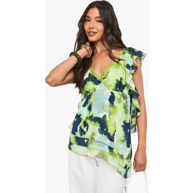 Womens Floral Chiffon Asymmetric Ruffle Blouse - Yellow - 10, Yellow