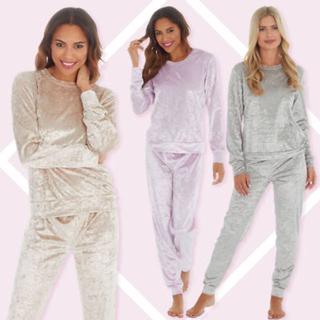 Ladies womens 2-piece pyjama pj crushed velvet set tracksuit loungewear s m l xl