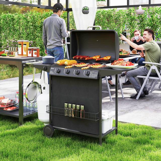 Alfresco 5 Burner Gas Barbecue Grill Portable Gas BBQ Grill with Lid, Black, none