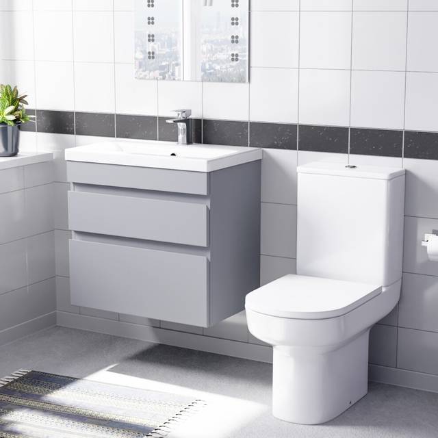 Nes Home Matte Grey 600mm Drawers Vanity Unit Wall Hung & Rimless Toilet Set