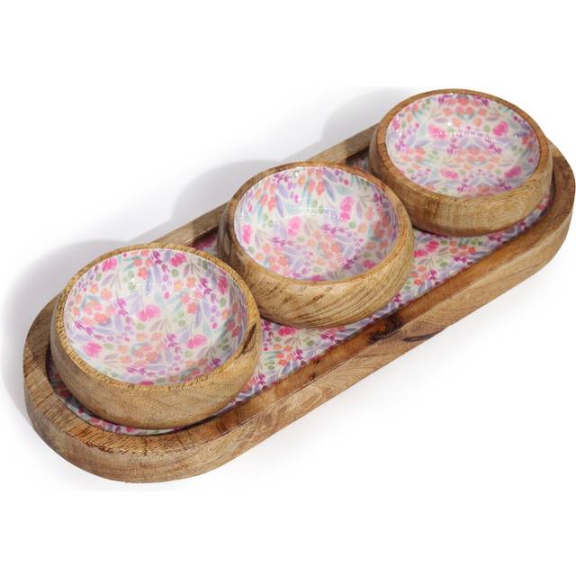 Mango Wood Tray With 3 Bowls - Pretty Floral
