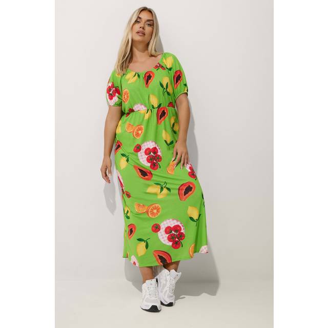 Limited Collection Curve Green Fruit Print Bardot Dress, Women's Curve & Plus Size, Limited Collection - 30-32