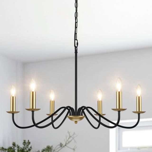 MRHYSWD Black and Gold Chandelier Lighting, 6 Lights Metal Pendant Light Fixtures Industrial Chandeliers Ceiling Light for Living Room Kitchen Dining