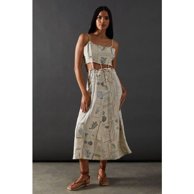 Womens Linen Postcard Print Tie Waist Strappy Sundress - White - 16