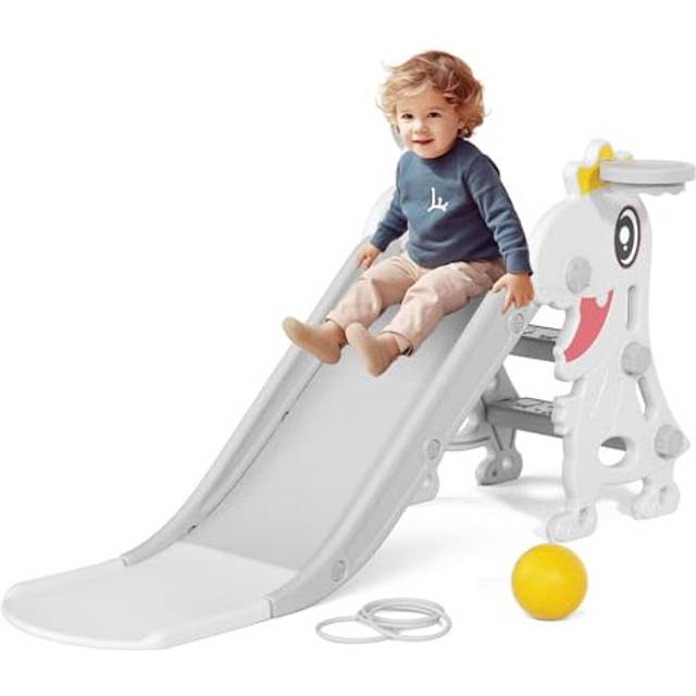 Baby Slide Indoor/Outdoor Kids Toddlers Climber Freestanding Slides Climbing Frame for Ages 18-36 Months Playset with Basketball Hoop and Ring Toss