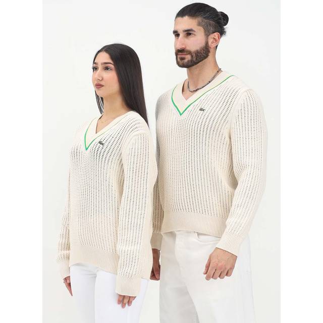 Lacoste V Neck Striped Tennis Sweater Size S White / Green / Yellow