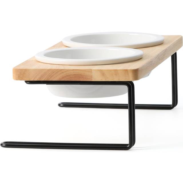FUKUMARU Elevated Cat Ceramic Bowls  Small Dog Raised Food Feeding Dishes  Solid Wood Water Stand Feeder Set for Cats and Puppy