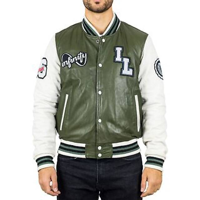 Men's olive green leather letterman bomber jacket