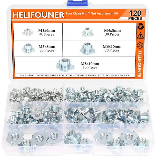 HELIFOUNER 120 Pieces M3 M4 M5 M6 M8 T Nuts Four Claw Nuts Assortment Kit for Wood  Rock Climbing Holds  Cabinetry