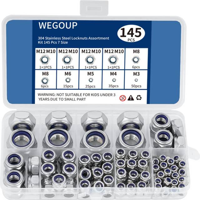 WEGOUP 145 PCS Nylon Insert Lock Nuts Assortment Kit  Metric M3-M12  304 (A2-70) Stainless Steel Lock Nuts  Hex Nut Set for Industrial and Home Use