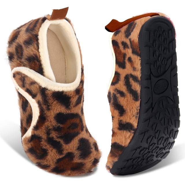 Ibeauti Womens Mens House Slippers Rubber Sole Indoor Slipper Socks Lightweight Fleece Lined Slip-on Barefoot Slippers (Brown Leopard Women  Numeric R