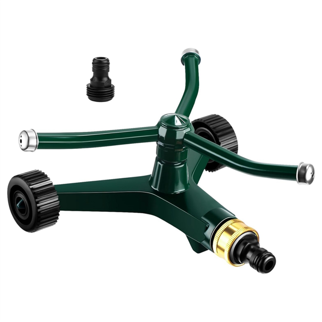 Metal Rotary Lawn Sprinkler 3 Arm Heavy Duty 360 Degree Automatic Revolving Whirling Water with Wheeled Base