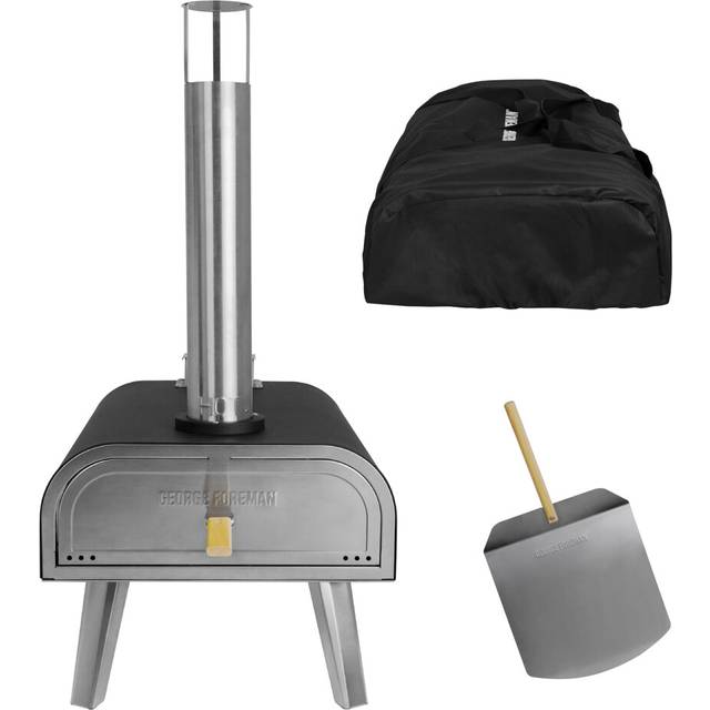 George Foreman Outdoor 16 Inch Wood Pellet Portable Wood Fired Pizza Oven Black with Paddle and Carry Bag, BBQ Oven & Smoker, Foldable Legs GFWPPO2BPC