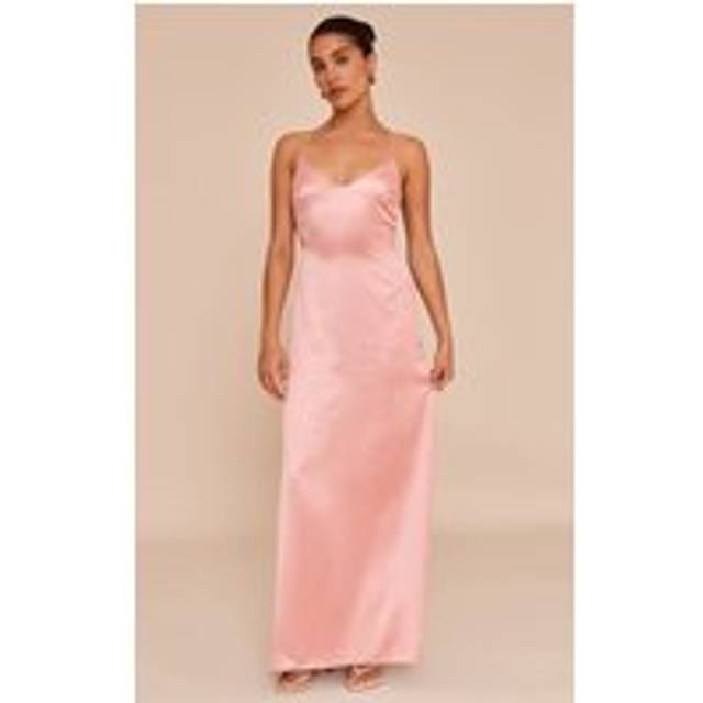Petite Baby Pink Satin Strappy Open Back Maxi Dress, Pink - 14