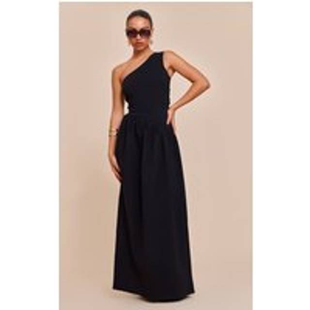 Black Stretch Woven One Shoulder Maxi Dress, Black - 14