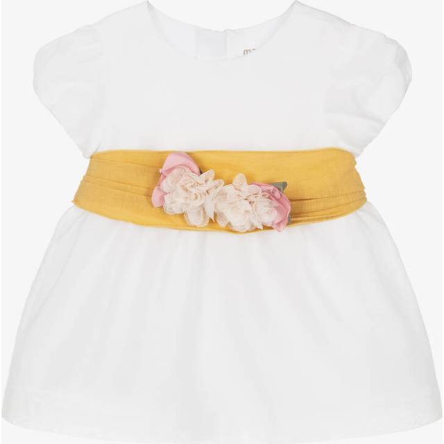 Mayoral Newborn Baby Girls Ivory Dress With Yellow Belt - Ivory/Yellow - 2-4 month