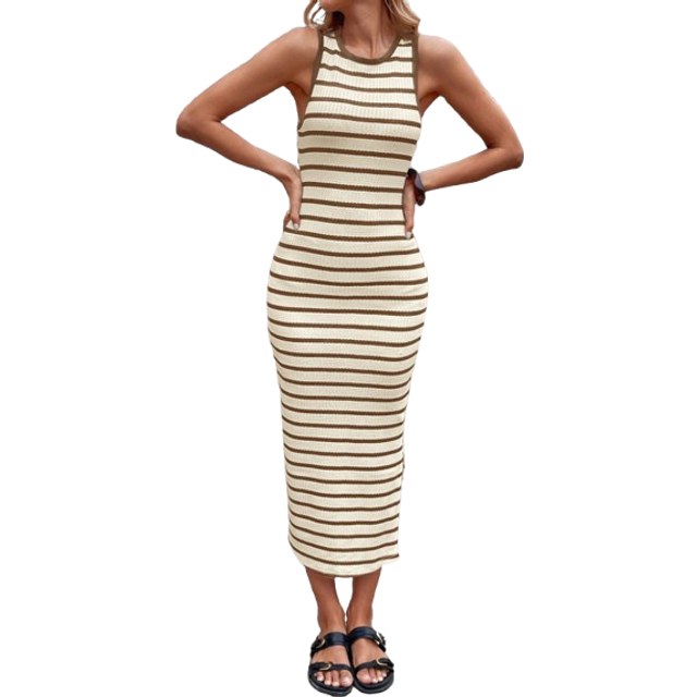 Luneh Black & White Striped Slim-Fit Side Slit Midi Dress, Casual Summer Holiday/Office Wear