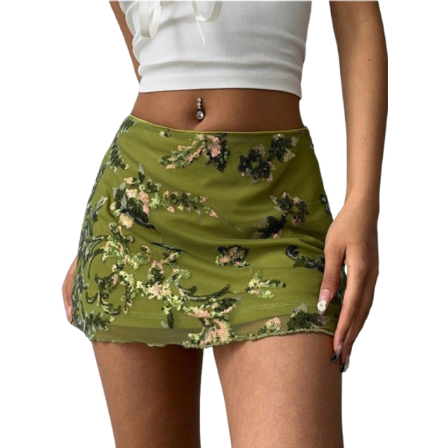 Aloruh Green Sequin Embroidered Mini Skirt, Simple & Fashionable, Suitable For Summer