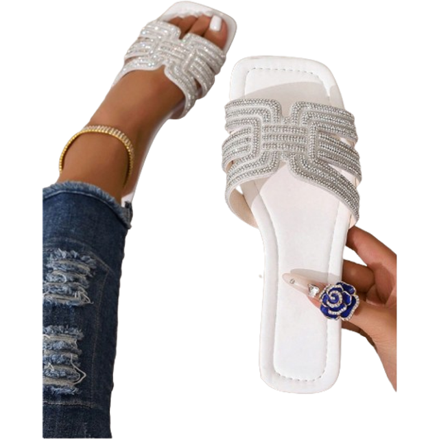 SHEIN Rhinestone Sparkle Luxury Women&#39;s Flat Slip-On Sandals, Fashion Casual Strap Outdoor Slide Sandals, Comfortable Flat Heel Round Toe Beach Sandals, Ver