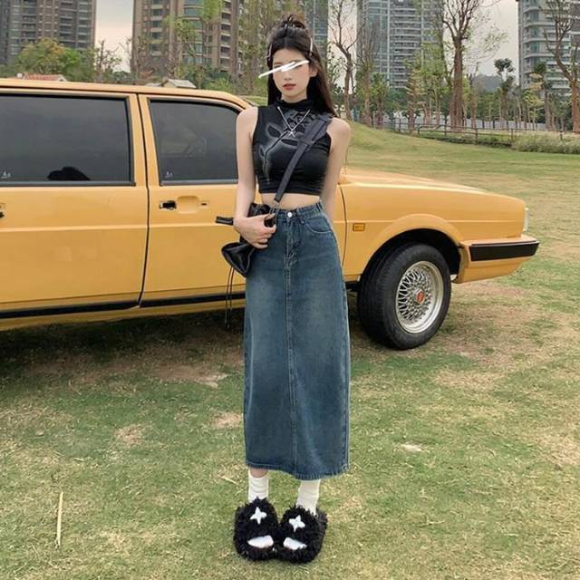(Nostalgic Blue #3878, XL) High Waisted Slit Denim Skirt For Women In Summer Small A-line Skirt Retro Hip-packing Long Skirt