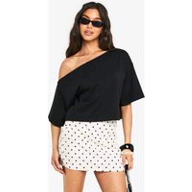 Womens Off The Shoulder Boxy Crop T-Shirt - Black - 12, Black