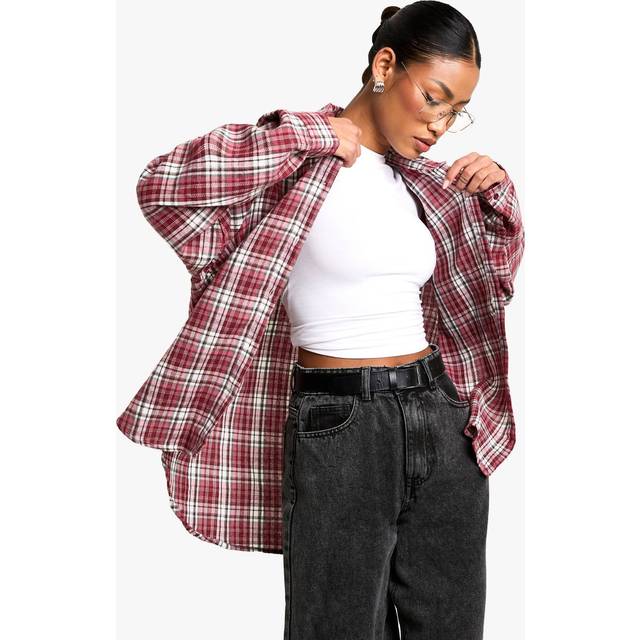 Womens Check Cinched Shoulder Pad Shirt - Red - 8