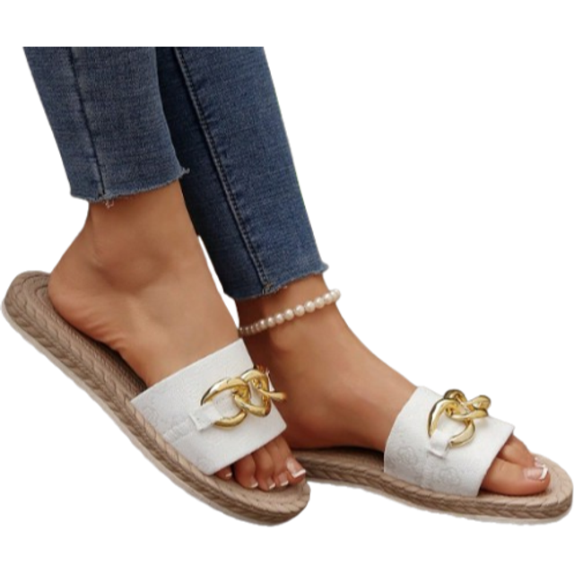 SHEIN Women&#39;s Summer Sandals/Slippers, Rope Sole Slippers, Metal Buckle Decor Slippers, Resort Style Sandals, Comfortable & Easy To Wear Sandals, Thick-Sole