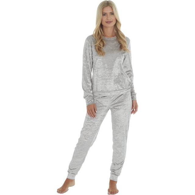 (Silver - Velour, L) Metzuyan Ladies Plush Fleece Or Crushed Velvet Two Piece Co-Ord Pyjama Set Size S-Xl