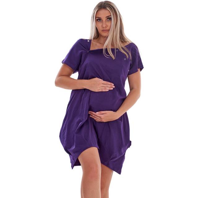 (Purple, XL) Malay Maternity Short Nightdress Nursing Labor Hospital Delivery Breastfeeding Buttons