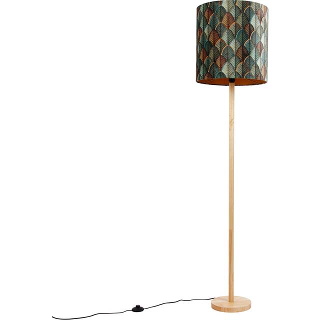 Qazqa - Wooden Floor Lamp with Velvet Lampshade Leaf Design and Gold Interior - Mels